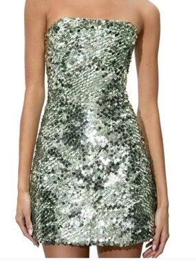 Alice + Olivia Velia Disc Sequin Strapless Mini Dress in Sea Spray NWT